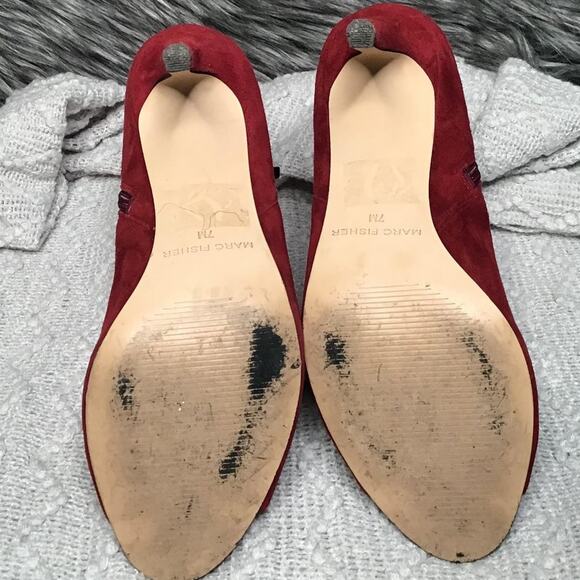 Marc Fisher Dark Red Suede Peep Toe Booties 7M - Picture 3 of 6